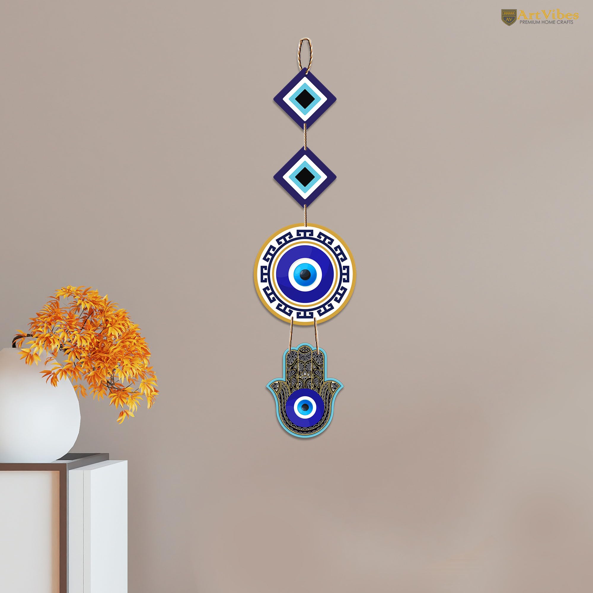 Artvibes Hamsa Hand MDF Wood Wall Hanger Ornaments For Vastu For Home Decoration | Livingroom | Spiritual Decor Items | Wall Illustrations | Ethnic Wall Decor | Wall Art Print (WH_8509N)