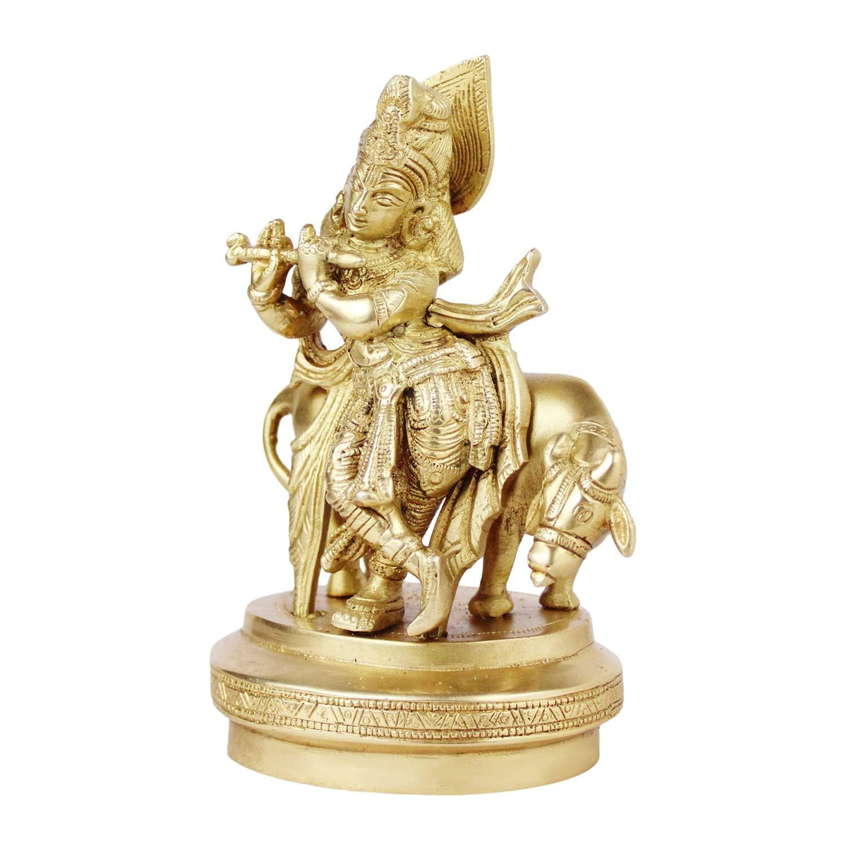 SVARUP Brass Krishna Idol with Cow Statue Decorative Showpiece for Home Puja Room Living Room Temple Decoration and Gift Items 7 Inch