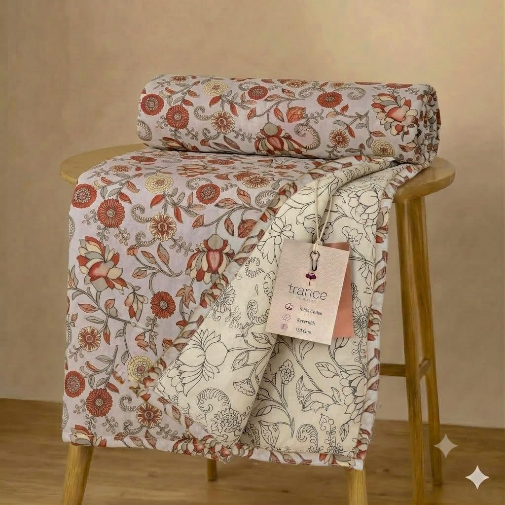 Trance Home Linen Premium 100% Cotton Dohar for Single Bed | 150 GSM | Reversible Ac Comforter | Light Weight All Season Soft Blanket (58x90 Inches |Kalamkari Rust) Kafalo