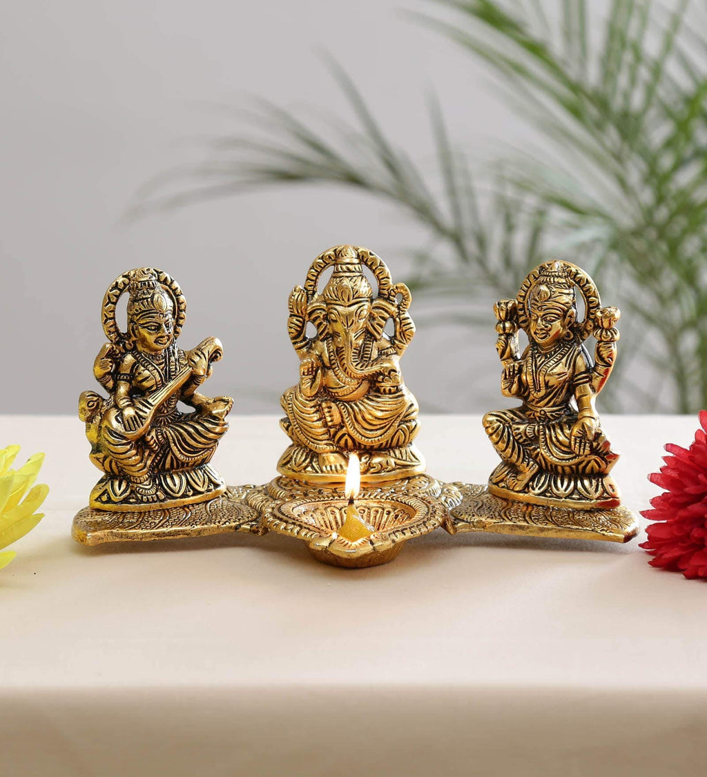 Prince Home Decor & Gifts Laxmi Ganesh Saraswati Gold Plated Showpiece Statue with Oil Lamp Diya for Home Decor