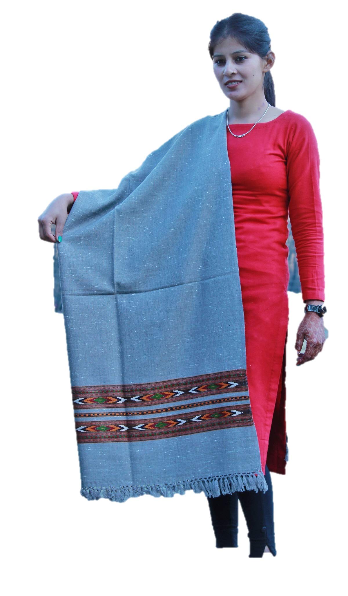 HImalayanKraft Hand Woven Kullu Handloom Woolen Shawl Grey Colored with Beautiful Kullu Weaving Designed for Women and Girls.