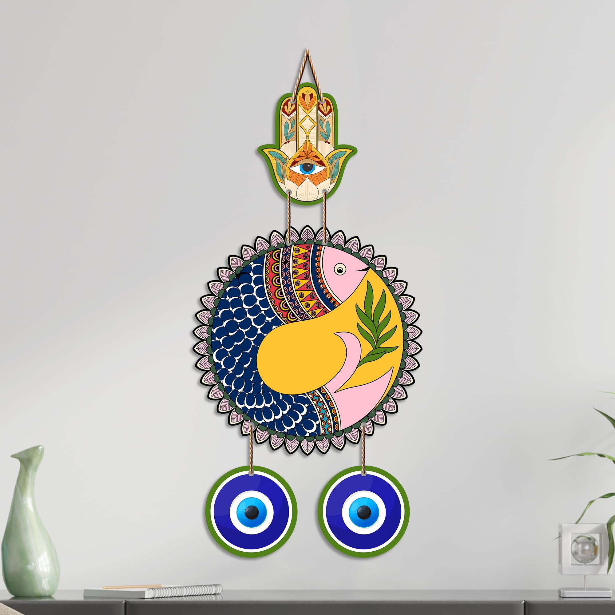 Artvibes Yin Yang Fish Evil Eye Wall Hanging for Home Decor | Feng Shui Balance Harmony Wall Art with Nazar Battu Protection for Entrance Living Room Office Positive Energy (WH_85148N)