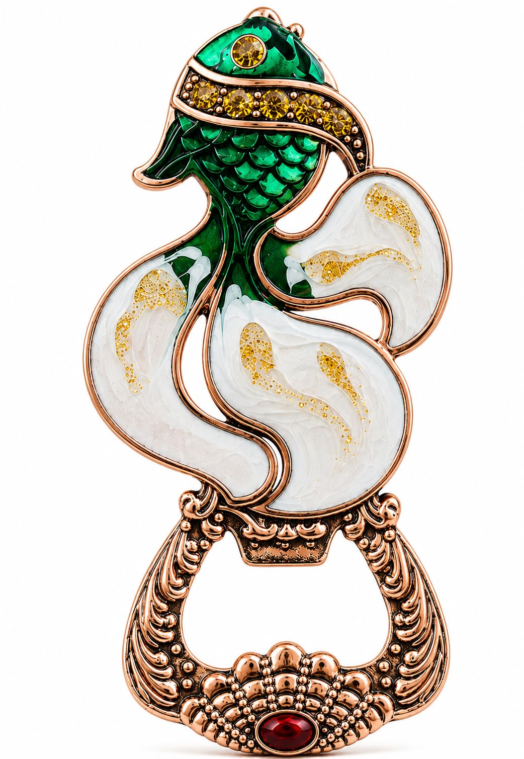 DECOR NEST Luxury Fish Bottle Opener with Refrigerator Magnet | Decorative Metal | Beer Opener with Crystal Stone Embellishments | Vintage Style Home Bar Accessory (Green Copper Fish)