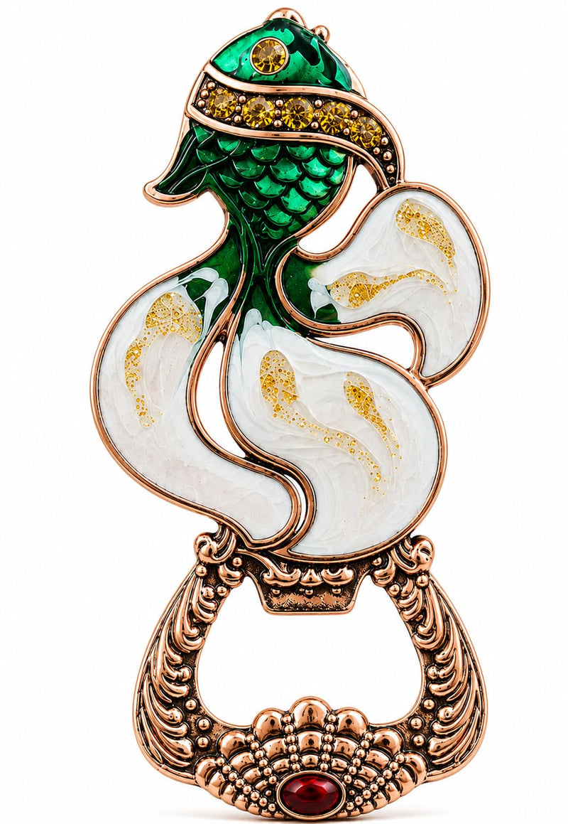 DECOR NEST Luxury Fish Bottle Opener with Refrigerator Magnet | Decorative Metal | Beer Opener with Crystal Stone Embellishments | Vintage Style Home Bar Accessory (Green Copper Fish)