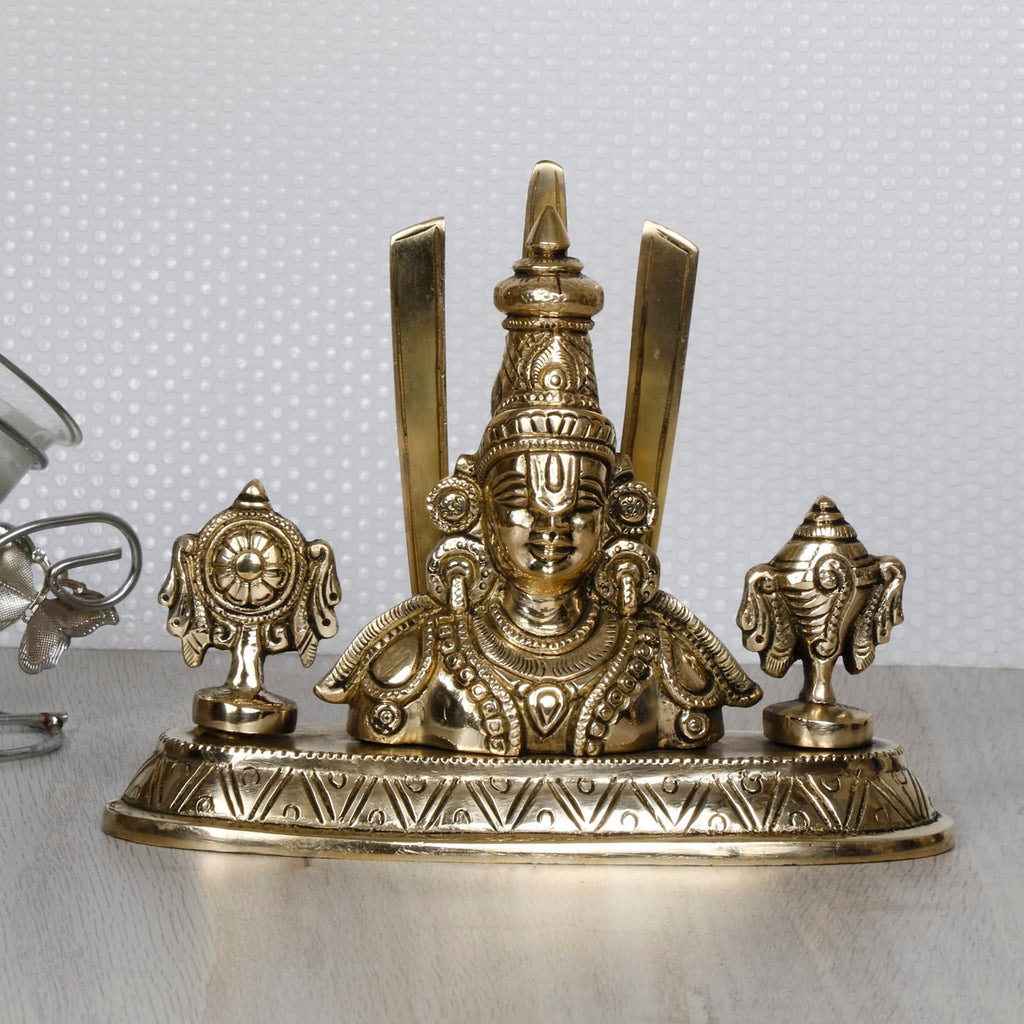 ARTVARKO Brass Tirupati Balaji Venkateshwara Face Bust Idol Vishnu Chakra Namah Shankh Statue Murti Lord Srinivasa Pooja Vastu Religious Idol for Home Office Temple 5.5 Inch