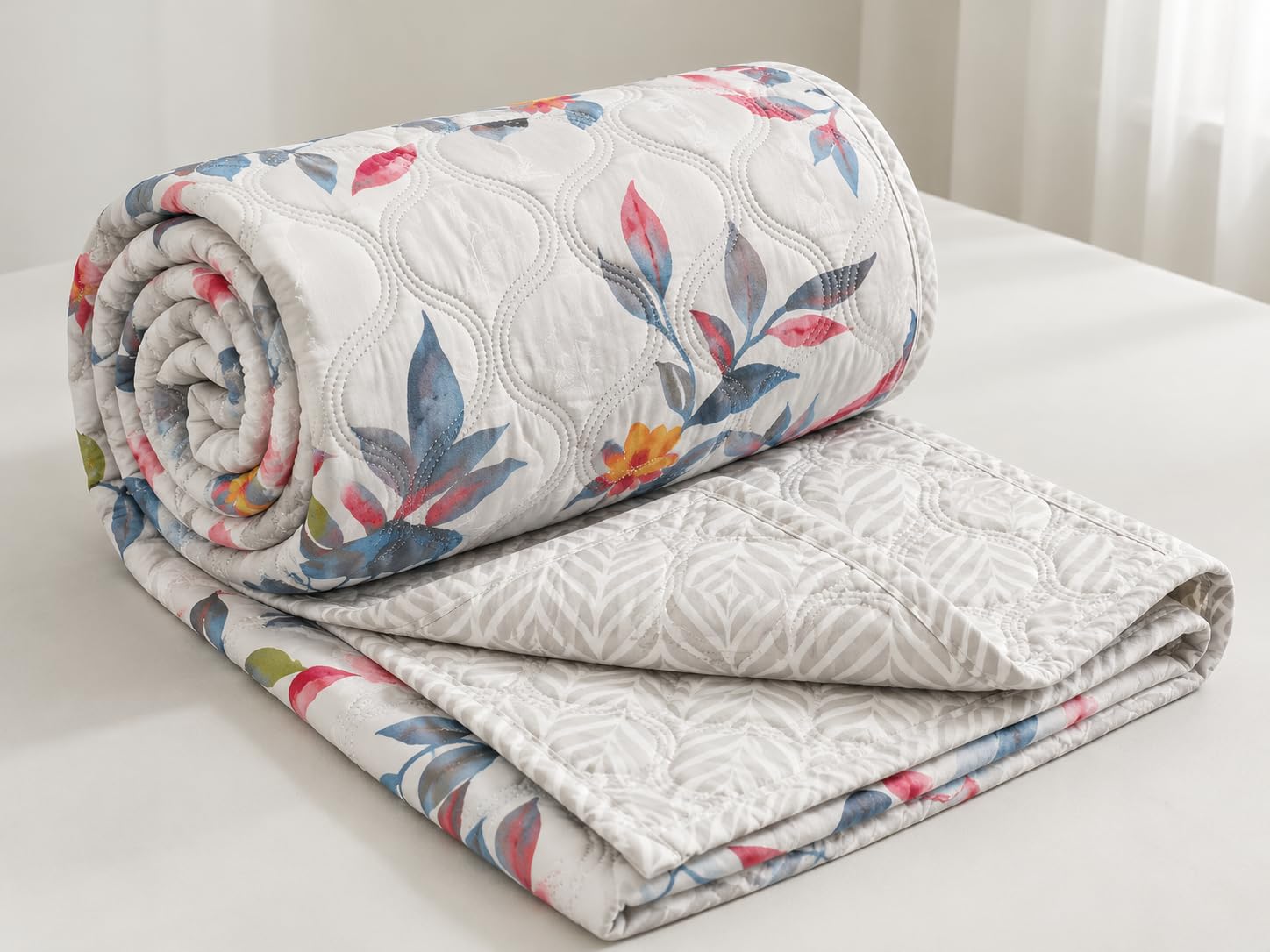KUSH ENTERPRISES Cotton Dohar for Double Bed (72x90 Inch) | 150 GSM AC Comforter & Cooling Quilt | Classic Printed Lightweight Reversible Summer Blanket (Grey) Kafalo