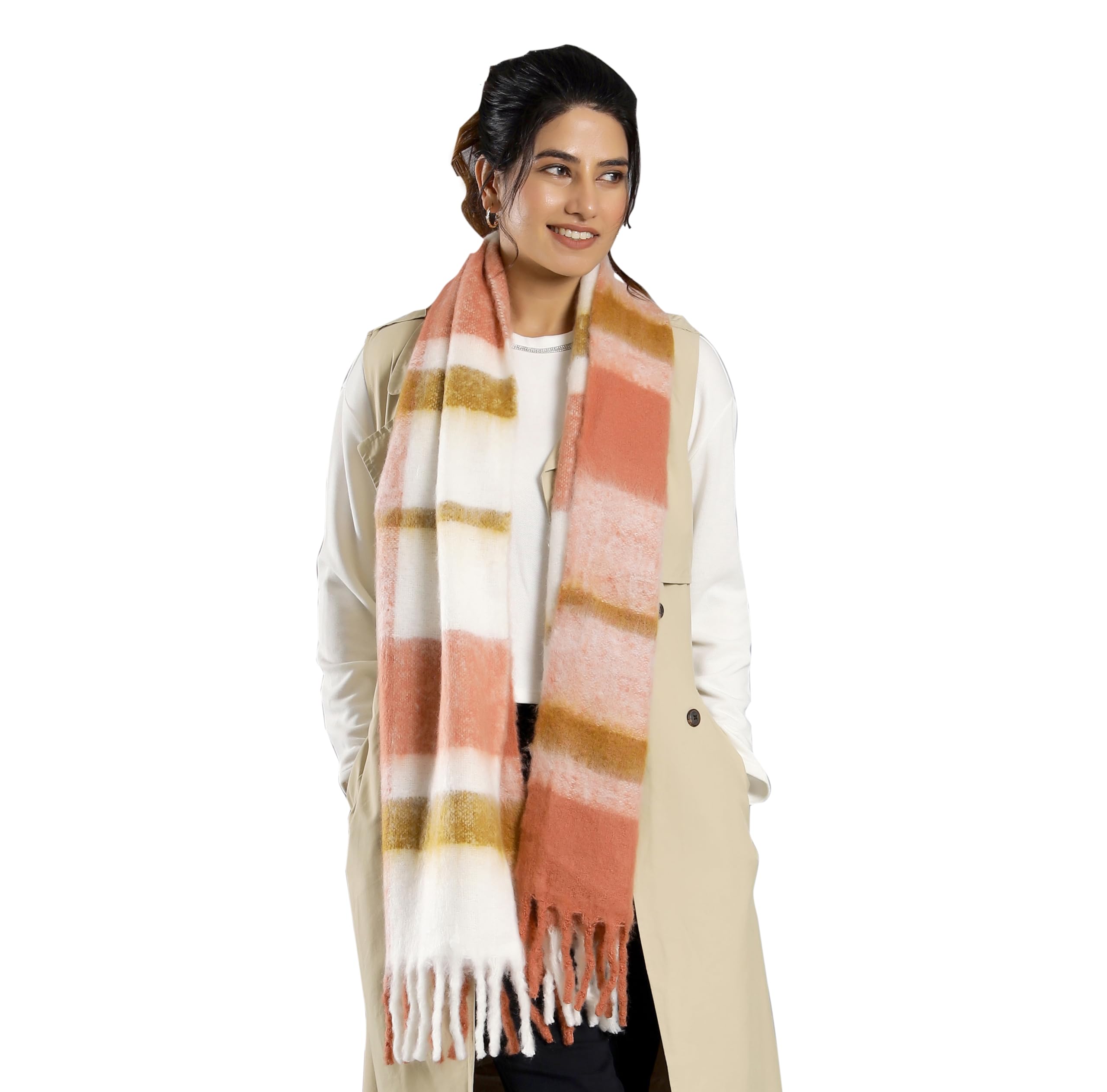 Ravaiyaa - Attitude is everything Women Reversible Acrylic Wool Scarf Winter Wear Muffler Designer Scarves 72x12 Inch (Coral)