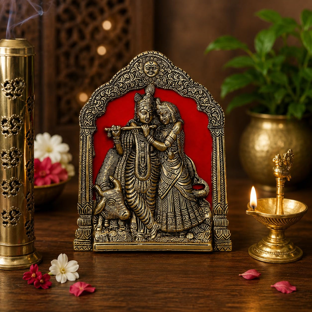 KridayKraft Radha Krishna with Cow on Thin Metal Frame with an antique finish so looks very beautiful and use for Table&Wall Hanging Decorative home&office,Gift Anniversaries,Birthday,New Year Gifts..