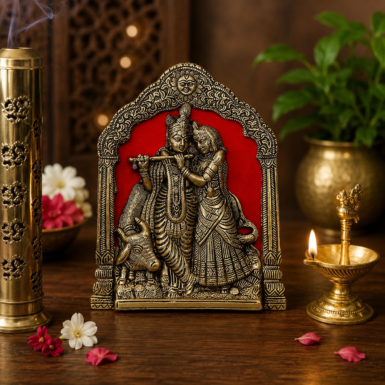 KridayKraft Radha Krishna with Cow on Thin Metal Frame with an antique finish so looks very beautiful and use for Table&Wall Hanging Decorative home&office,Gift Anniversaries,Birthday,New Year Gifts..