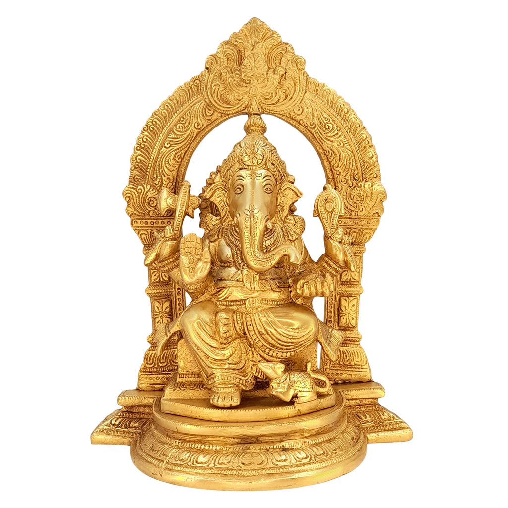 Artavrko Brass Lord Ganesha Sitting Singhasan with Mooshak at Leg Ganesh Bhagwan Idol Ganpati Murti Metal Statue 10 Inch