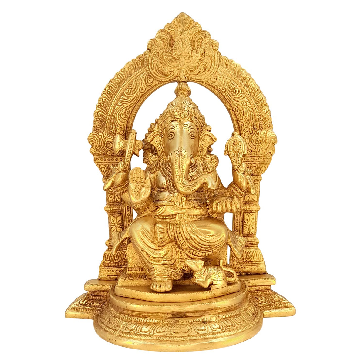 Artavrko Brass Lord Ganesha Sitting Singhasan with Mooshak at Leg Ganesh Bhagwan Idol Ganpati Murti Metal Statue 10 Inch