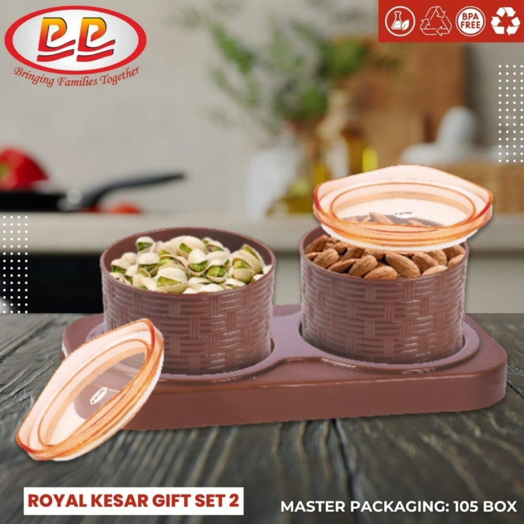 Porpoise Airtight DryFruit Serving Tray Set of 2 - Stylish and Decorative Home Decor for Snacks, Candies(Royal Kesar 2pc + Tray)