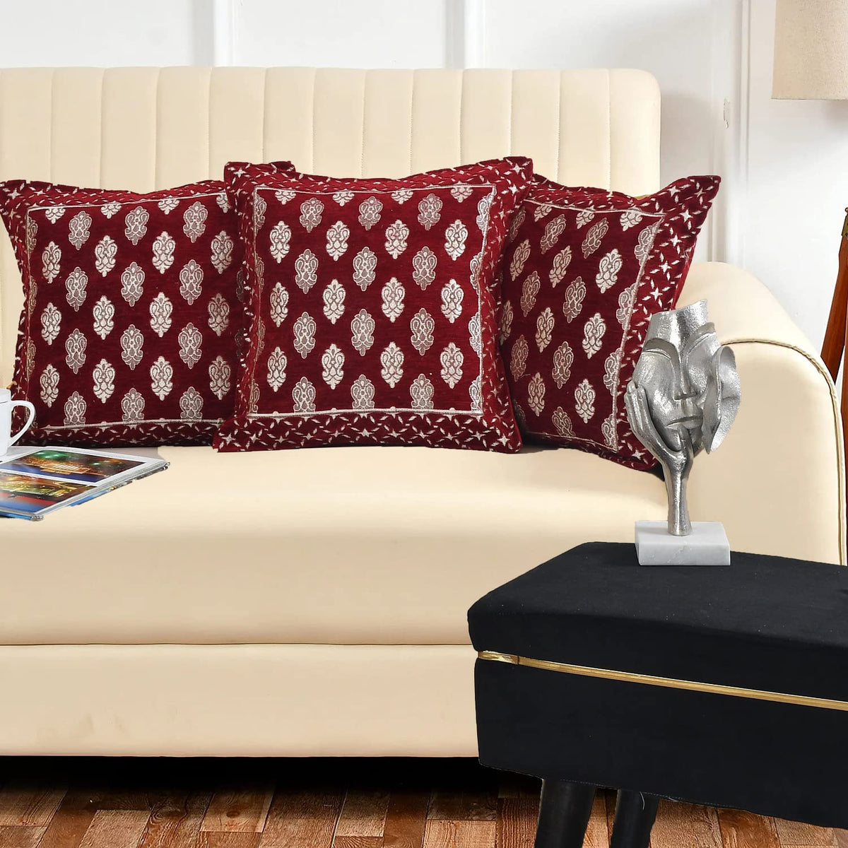 DECOMIZER Jacquard Geomteric Cushion Covers 16 Inch X 16 Inch Set Of 3 Ethnic Motifs Cushion Covers,Design- Ambi,Color- Maroon, 240 TC