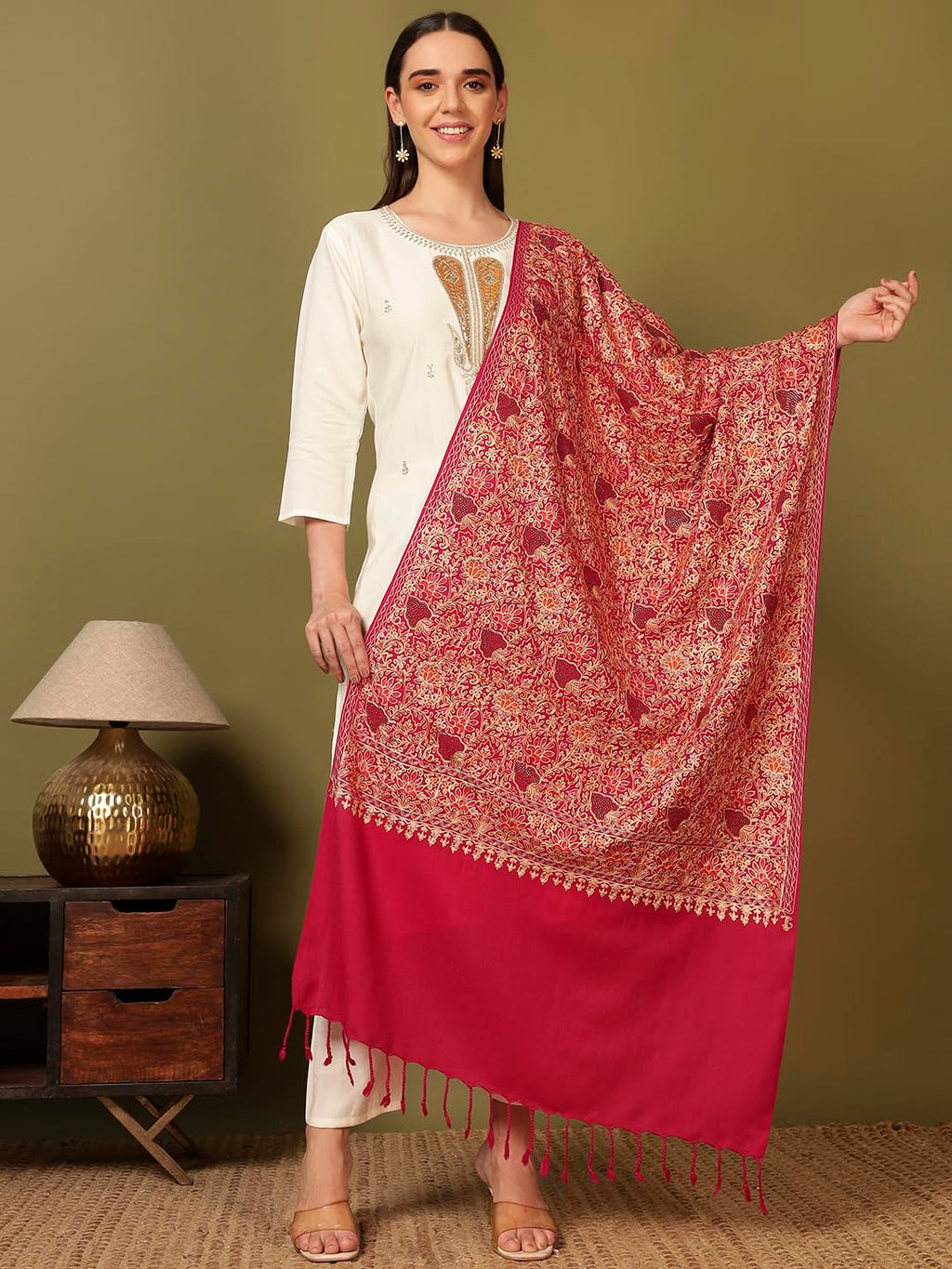 Pashmoda Women Hunar Fine Wool Nalki Embroidered Stole (Size : 28x80in, 71X203cm) EMST02