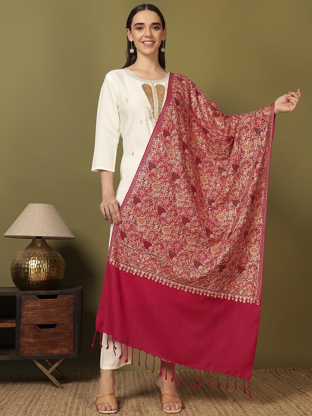 Pashmoda Women Hunar Fine Wool Nalki Embroidered Stole (Size : 28x80in, 71X203cm) EMST02