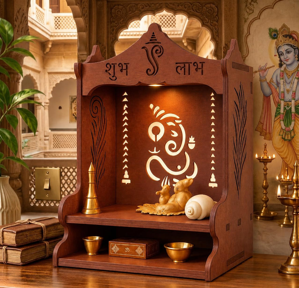 UNIQUE ART HAVEN Wooden Pooja Mandir for Home, Pine Home Temple with Spacious Shelf, Hindu Mandir, Mini Temple for Home Decor, Living Room & Office