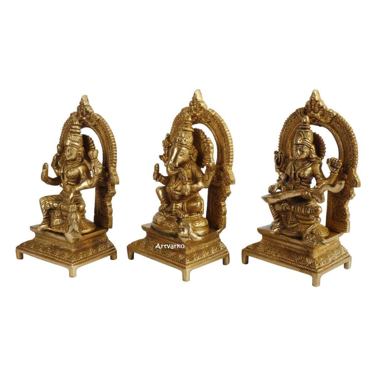 ARTVARKO Lakshmi Ganesha Saraswati, Set of 3 Lord Statues Brass Lakshmi (Laxmi), Ganesha, Saraswati, Handmade Idol 7 Inches