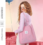 Kawn Women Corduroy Shopper Tote Bag Canvas Shoulder Cord Purse Reusable Shopping Bag Grocery Bag Large Capacity Washable Handbag Shoulder Bag With Inner Pocket For Daily Use (Light Pink)