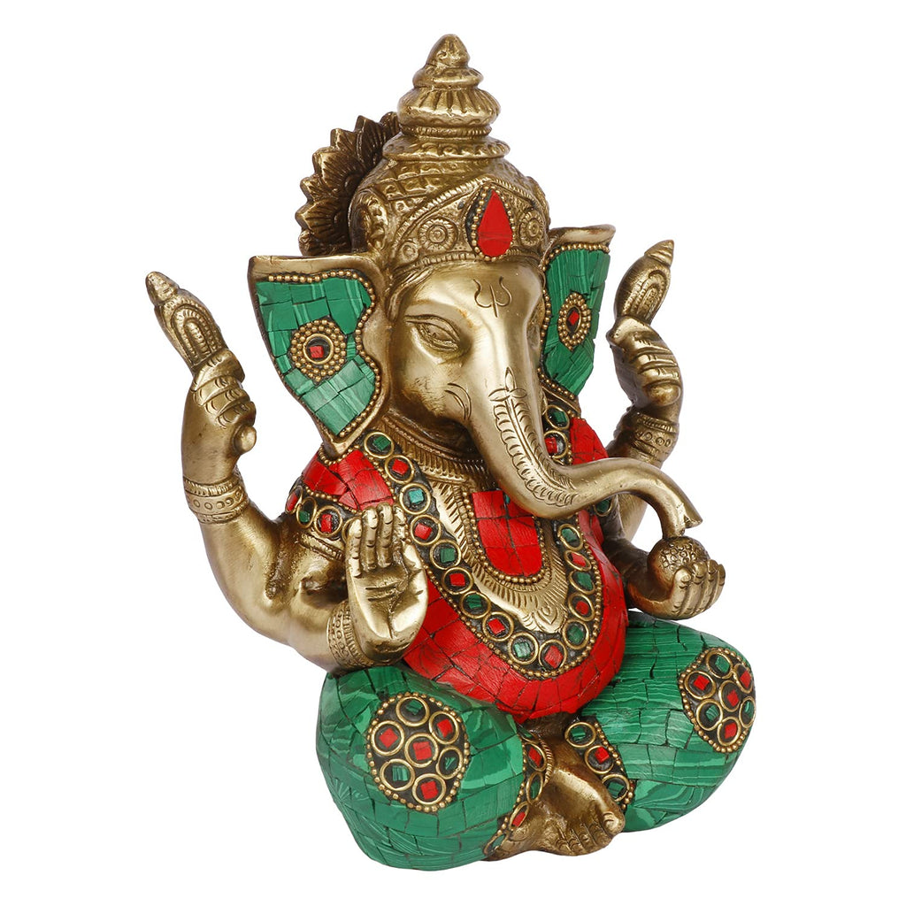 ARTVARKO Ganesha Statue Idol Brass with Turquoise Taj Ganesh Idol Sculpture for Home Pooja Entrace Décor Good Luck Vastu Marriage Gift 7.5 Inch