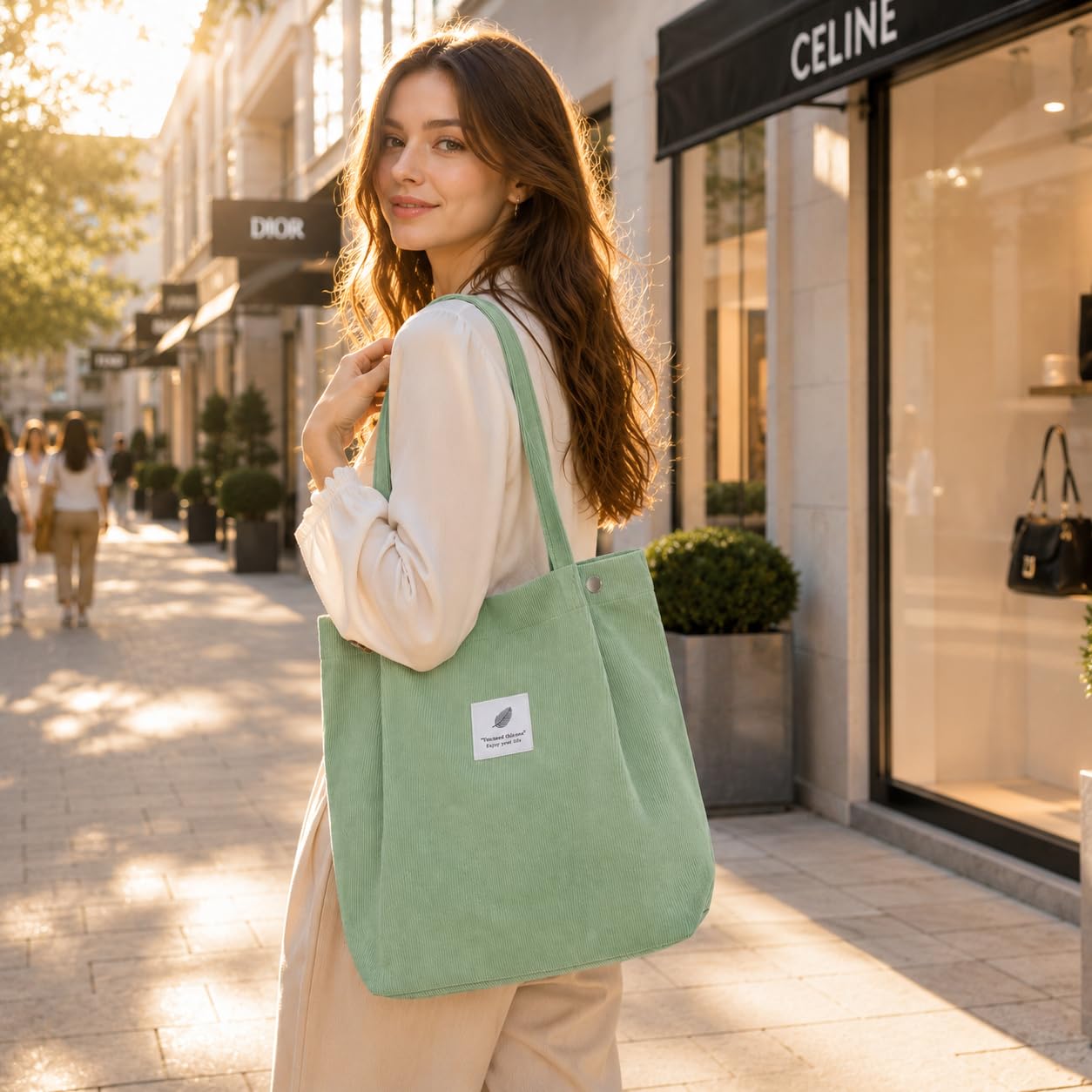 Street27 Korean Canvas Corduroy Tote Bag Casual Work Shoulder Handbags, Multi-Purpose Bag, Sturdy Canvas Bag With Large Capacity, Shopping Bag For Office, College & Daily Use (Light Green, Womens)