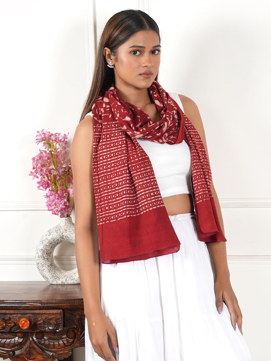 Gutthi Women's Cotton Stoles | Scarf Lightweight & Comfortable for All Seasons, Size (100X180 CM) (Red)