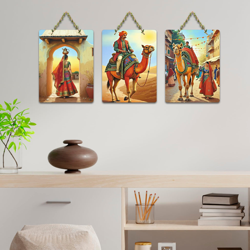 Artvibes Traditional Rajasthani Village Life Theme Decorative Wall Hanging Ornaments | Wall Sculpture | Signs & Plaques | Handcrafted Art | Artwork | Wall Poster | Ideal Gifts (WH_9662N), Set of 3
