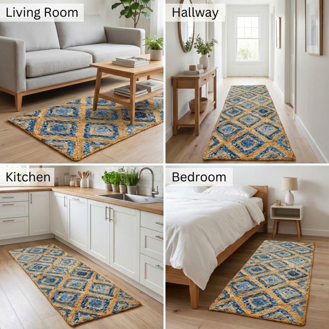 ATRANGI STUDIO Rectangle Jute Rug | Handwoven Braided Design Mat | Rectangular Floor Rug for Living Room, Bedroom, Reading Corner | Boho Home Decor | 20x55 inch, Natural