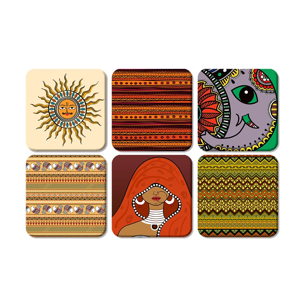 Artvibes Printed MDF Wooden Coasters for Home and Kitchen | Dining Table Decor | Square Coasters | Kitchen Decorative Item | Table Decoration | Home Decor (Set of 6 | 4x4 Inch)(Madhubani Art) TC_2010