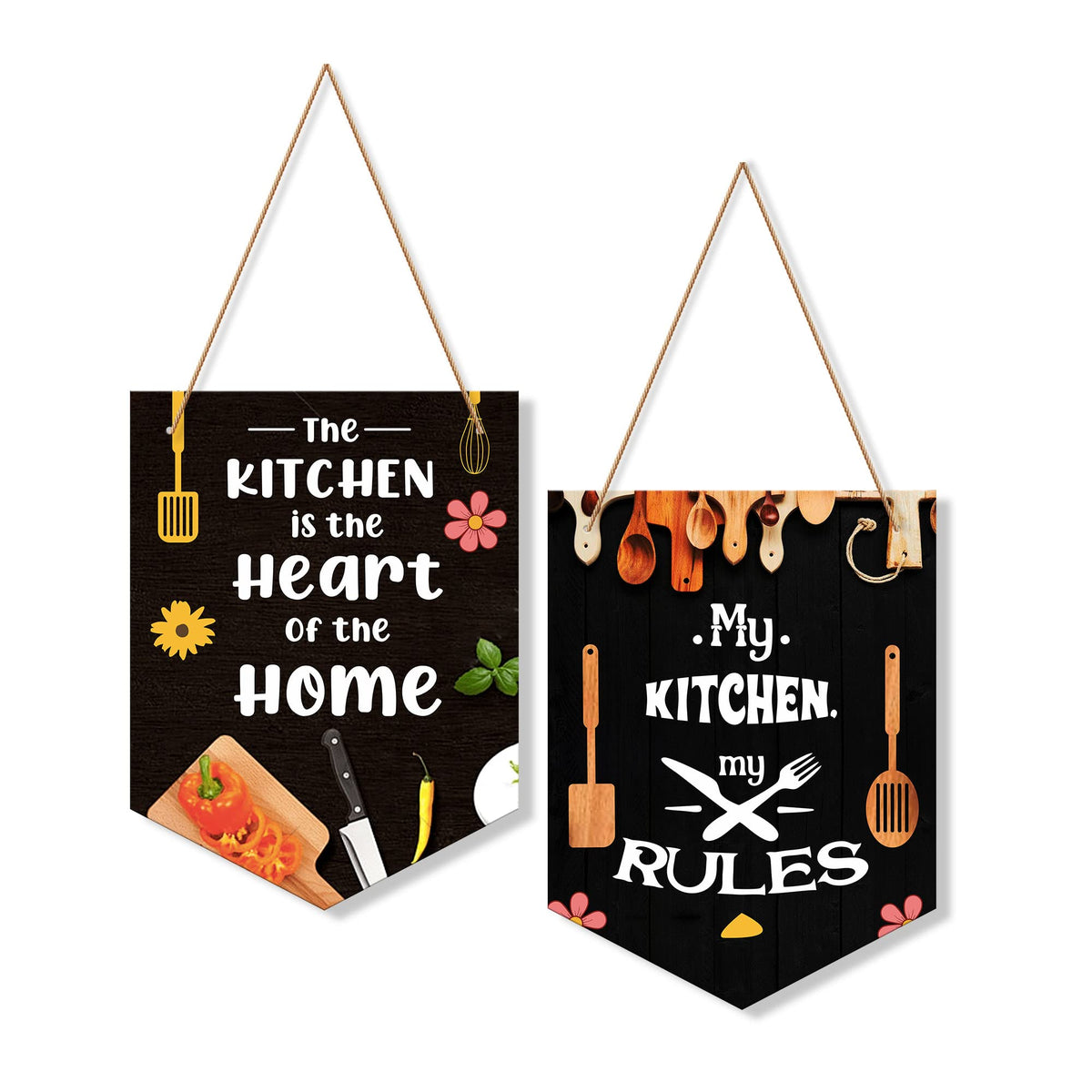Artvibes My Kitchen is Heart of Home Decoration Printed MDF Wooden Wall Art For Kitchen | Restaurants | Quotes Decor | Kitchen Quotes Wall Hanging | Wall Illustrations | Gift (WH_7101N), Set of 2