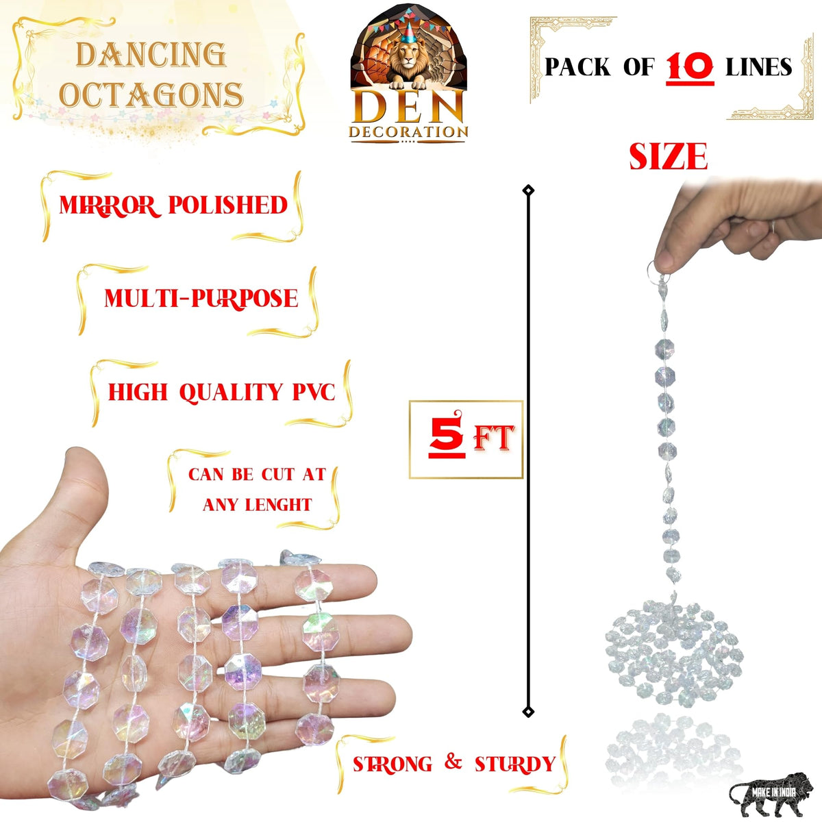 DEN DECORATION Premium Iridescent Crystal Acrylic Beads String Sequin Chain Garland (5 feet) (Dancing Octagons, Pack of 10 Lines)