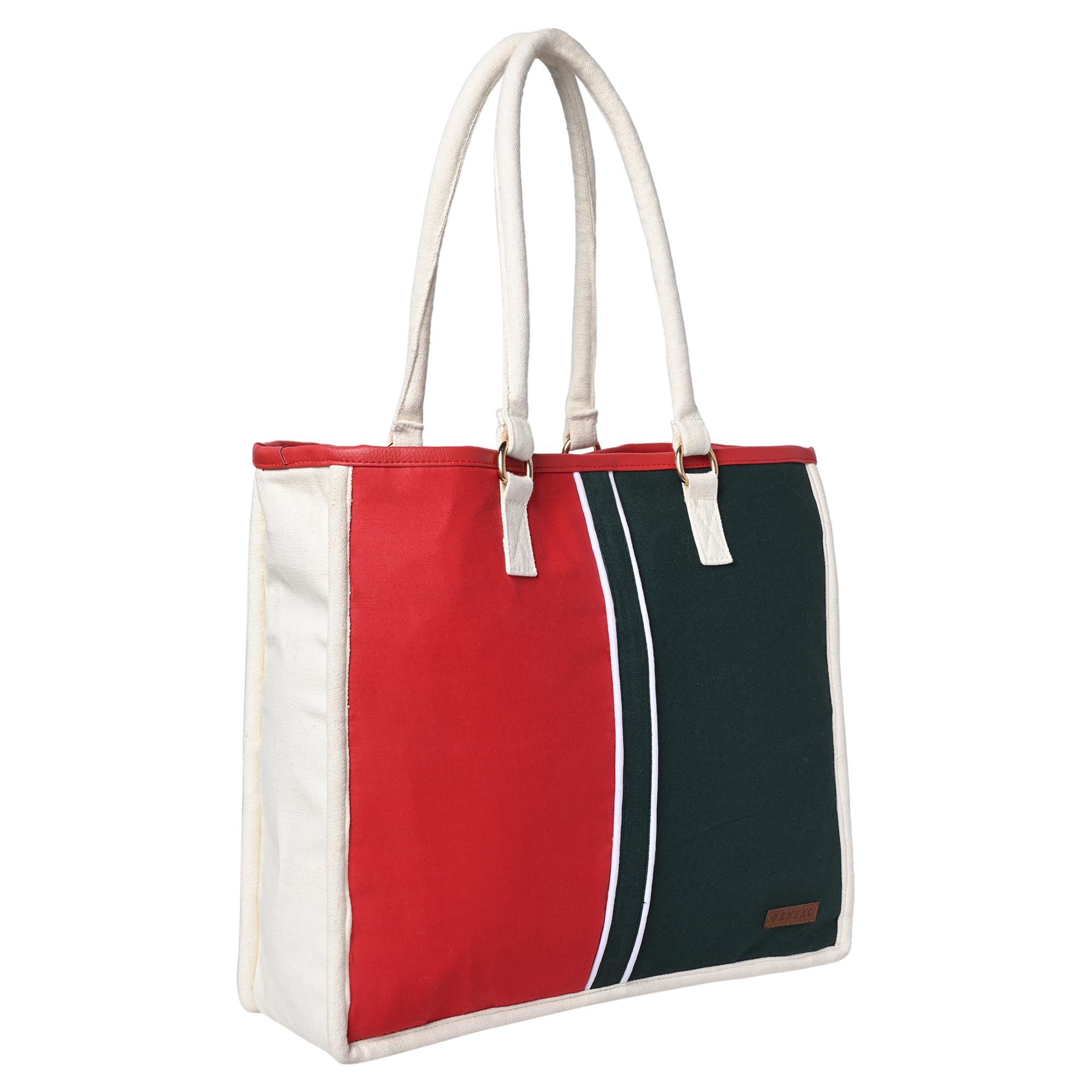 ENSAC Premium Cotton Tote Bag for Women, Stylish Handbag for women with Zip Closure | Fit for Office Bag, College, Travel Use | Handcrafted in India (Cutwork-tote-big) (Red-Black)