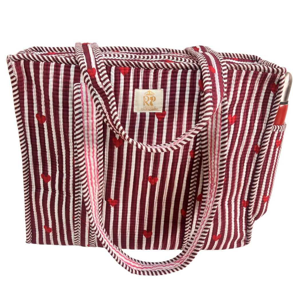 The House of RajPadmini Floral Quilted Cotton Shopping Tote Bag, 16x16 inches, Striped Trim, External Bottle Pocket (Heart Red (250 GSM Cotton))