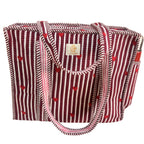 The House of RajPadmini Floral Quilted Cotton Shopping Tote Bag, 16x16 inches, Striped Trim, External Bottle Pocket (Heart Red (250 GSM Cotton))