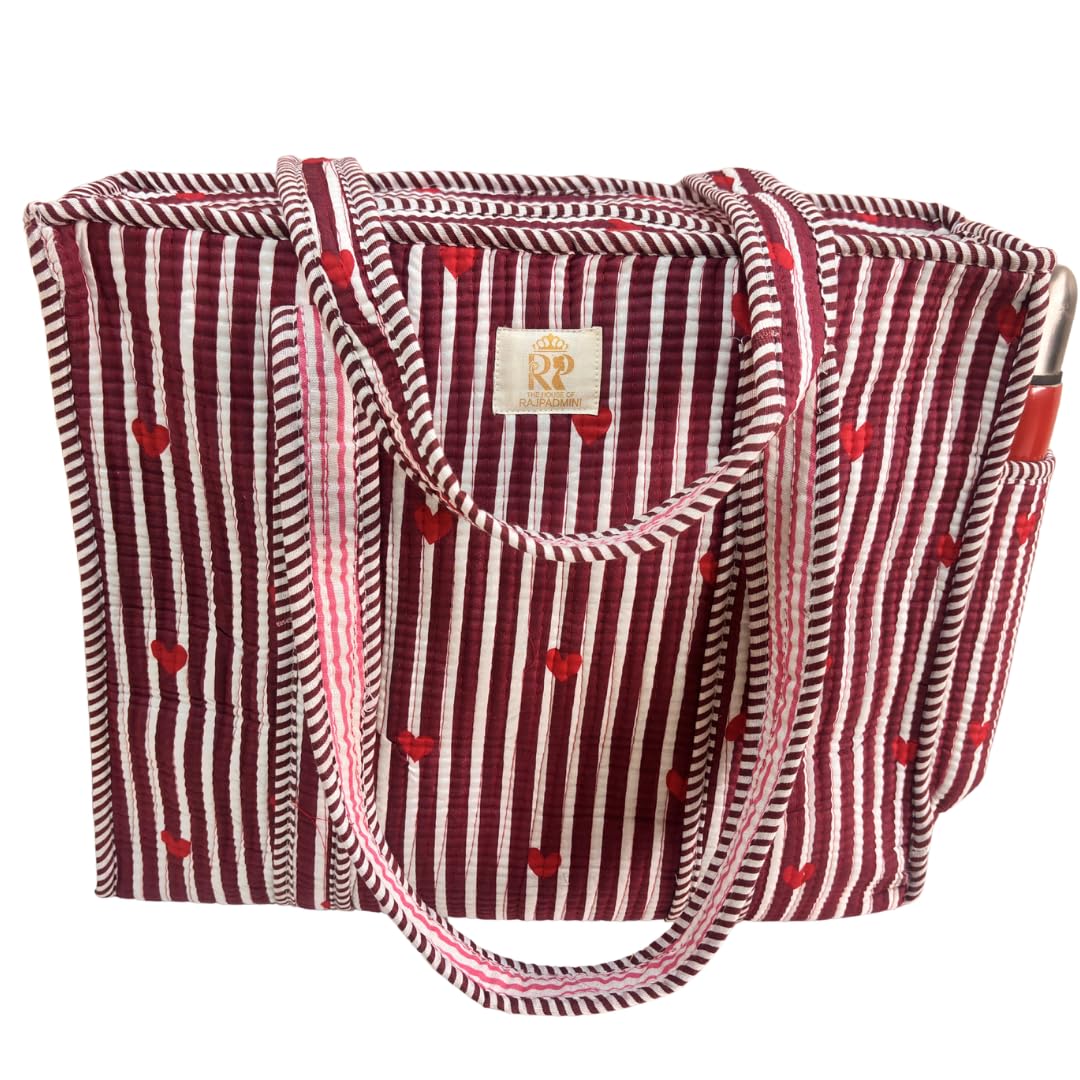 The House of RajPadmini Floral Quilted Cotton Shopping Tote Bag, 16x16 inches, Striped Trim, External Bottle Pocket (Heart Red (250 GSM Cotton))