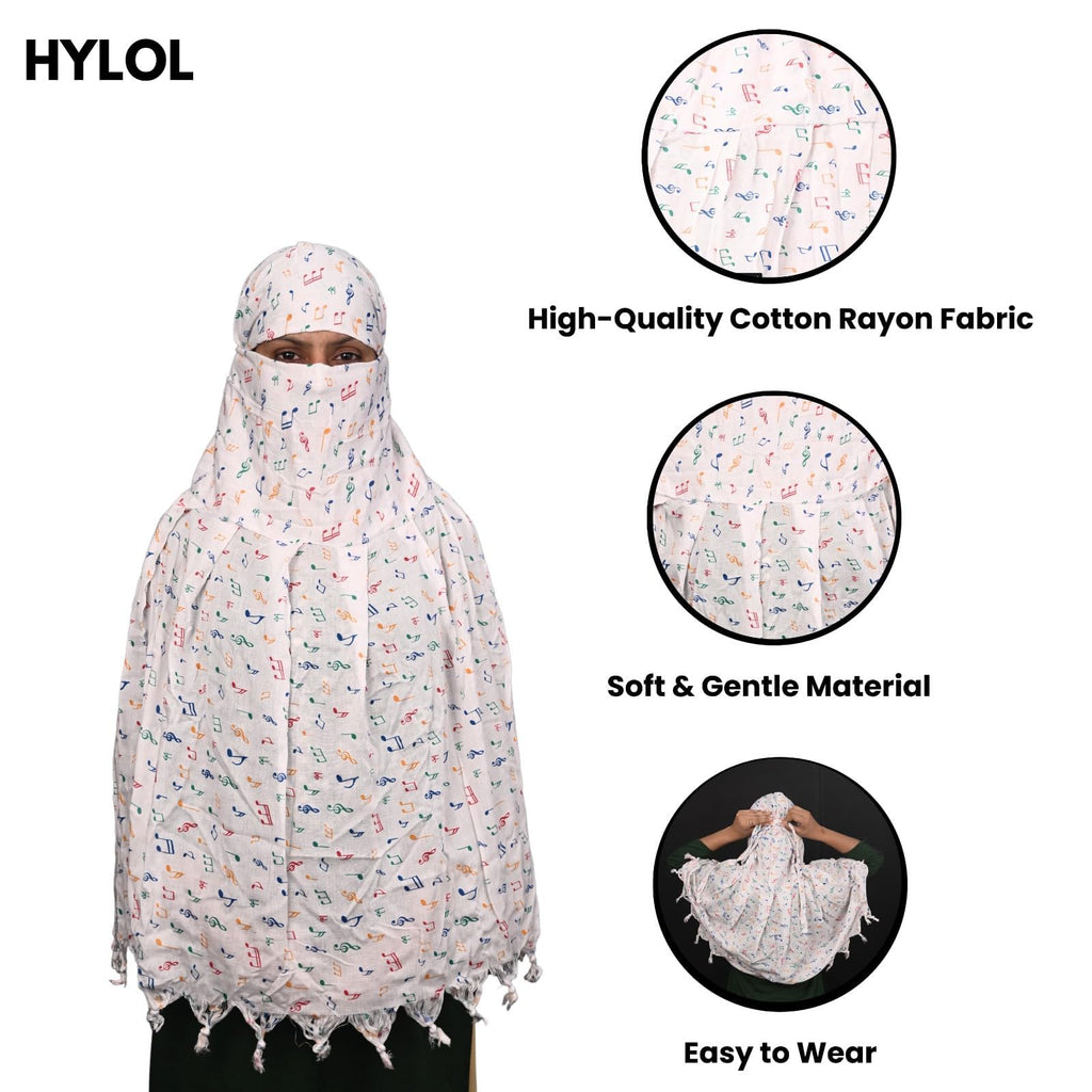 HYLOL Pure Cotton Female Innovative Stylish Music Printed Pattern Fancy Scarf With Sun Protection Cover Face Cotton Mask For Women's And Girls, White