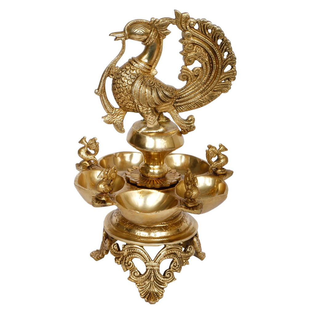Artvarko Brass Peacock Diya Table Oil Lamp Traditional Handmade Lamp for Temples Puja Festival Gifts & Home Decor (Golden) Height: 12 Inch,