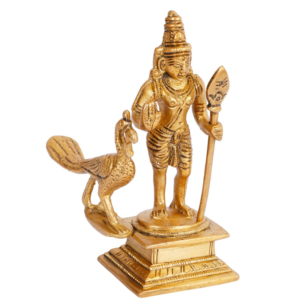 ARTVARKO Brass Lord Murugan Kartikeya Murugana Kumaraswamy Karthikeya Standing with Peacock Idol Swaminatha Skanda Murti Swami Ji Brass murti 4.5 Inch