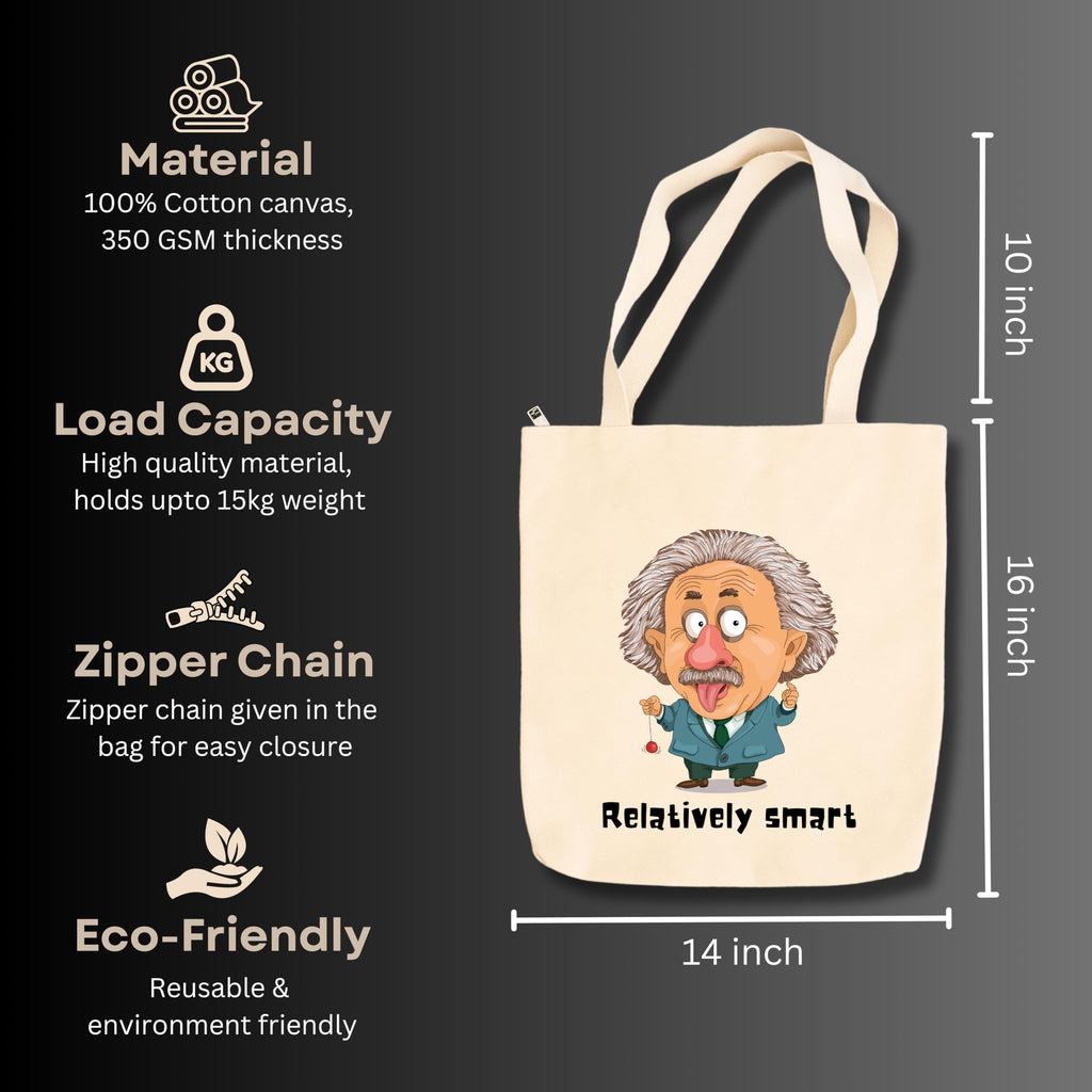 snapiq COTTON 350 GSM Canvas Tote Bag for Women and Girls Thick Fabric with Zipper (Beige, Einstien)