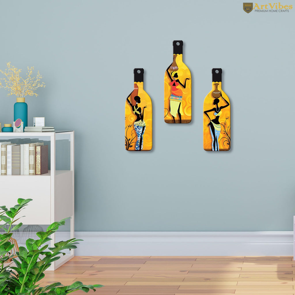 Artvibes African Women Warli Art Decor Bottle shaped Wooden Wall Hanging | Living Room | Handcrafted Art | Wall Illustrations | Art Prints | Aesthetic Wall Art | Ideal Gifts (WH_9508N), Set of 3