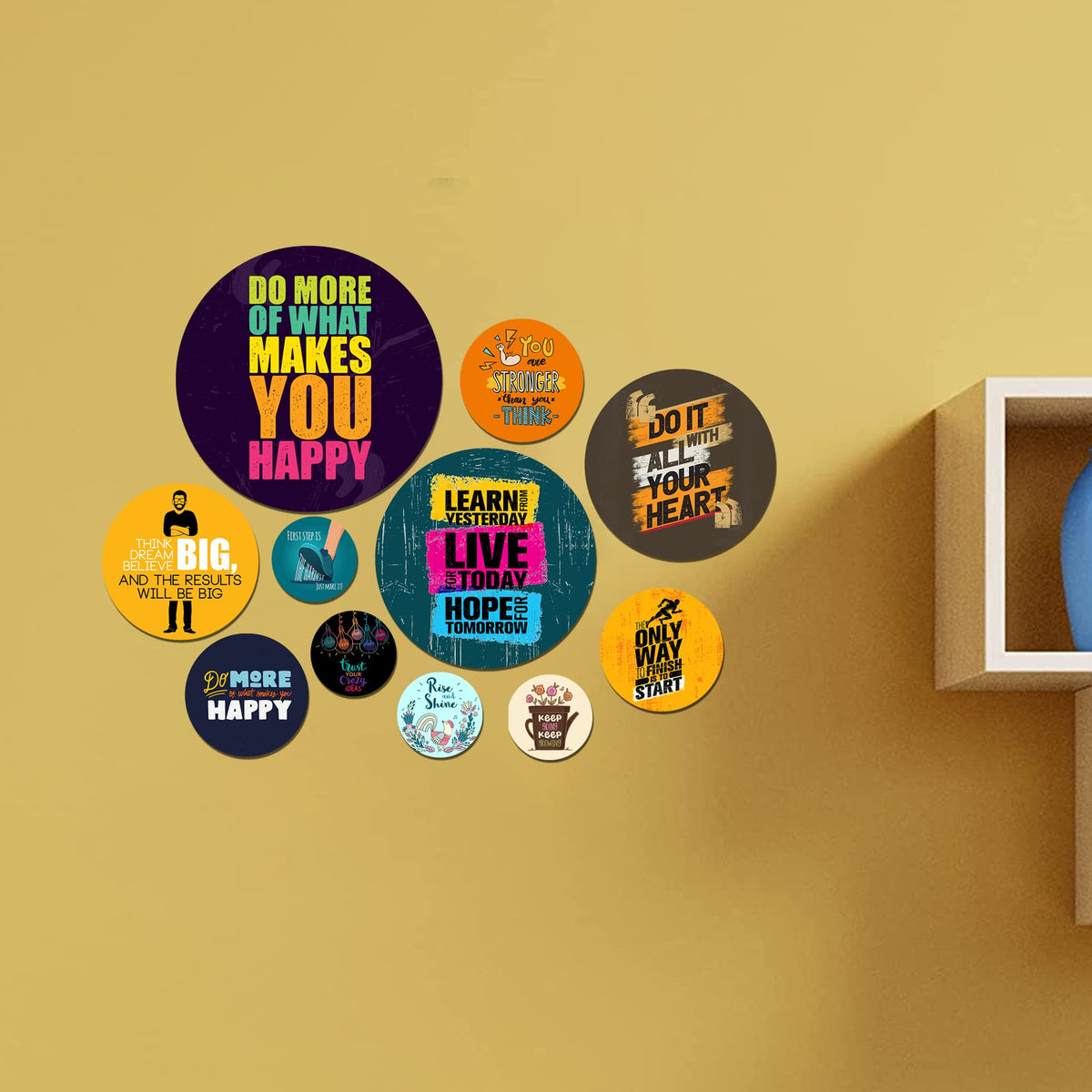 Artvibes Do It With All Your Heart Round Shape MDF Wooden Wall Decor Items | Quotes Decor Item | Wall Illustrations | Office Decor | Wall Art Print | Inspirational quotes | Gift (WPS_111N), Set of 11