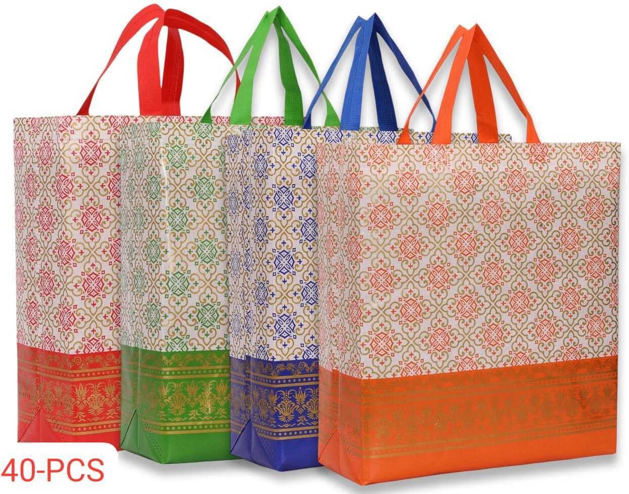 AUTHENTIC AK Reusable Printed Tote Bags, Set of 4, Red, Green, Blue, Orange (40)
