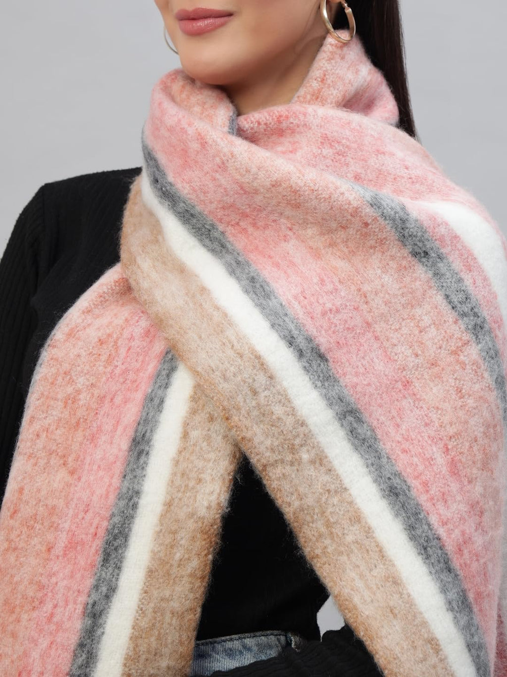 Ravaiyaa - Attitude is everything Reversible Wool Scarves Striped Pattern Women Neck Wraps Muffler Winter Wool Scarf 72 x14 Inch (Red & White)