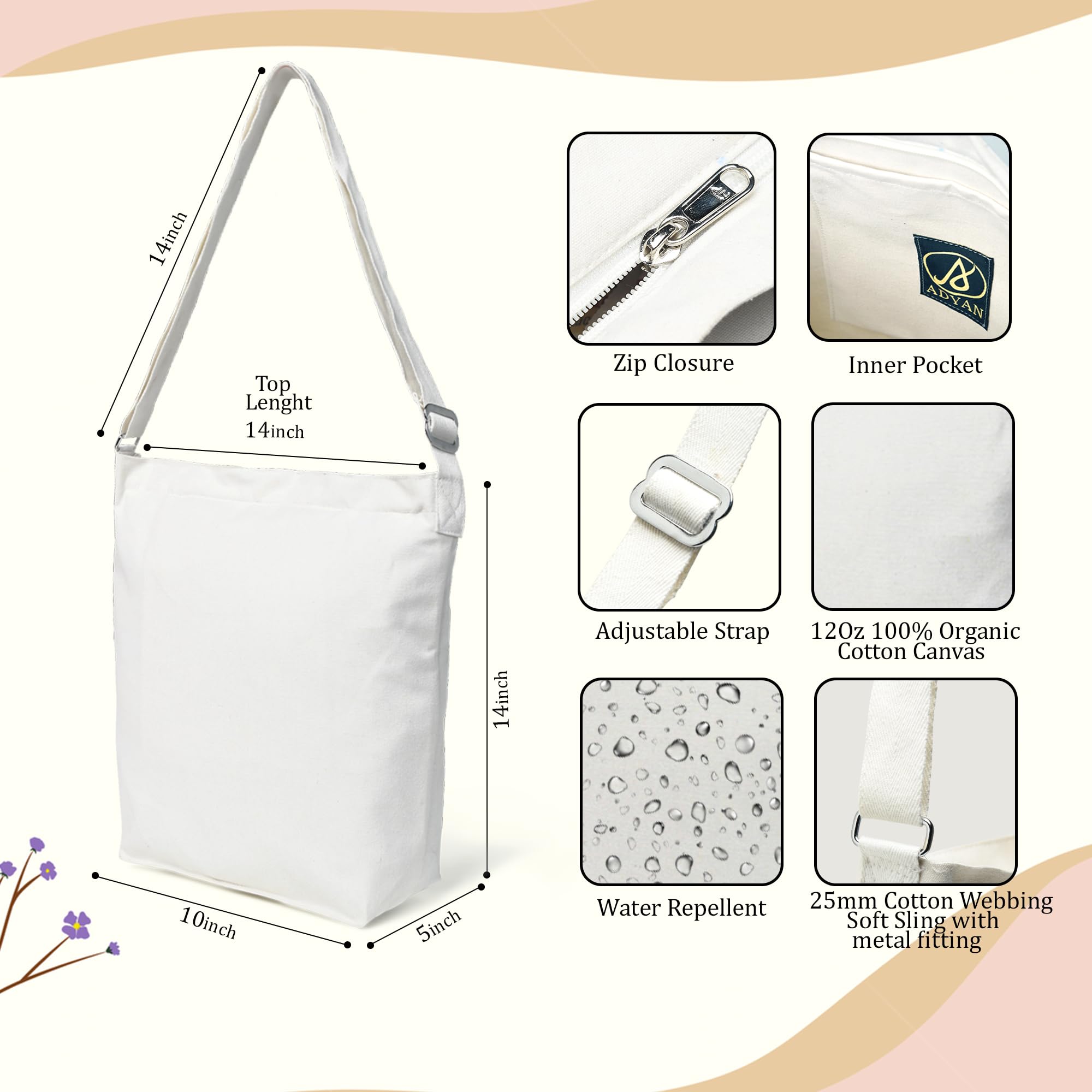 ADYAN Canvas Bag Pack of 2 Cotton 12 Oz Reusable Canvas Tote Bag for Shopping Grocery DIY Painting and Crafts (Milky White)
