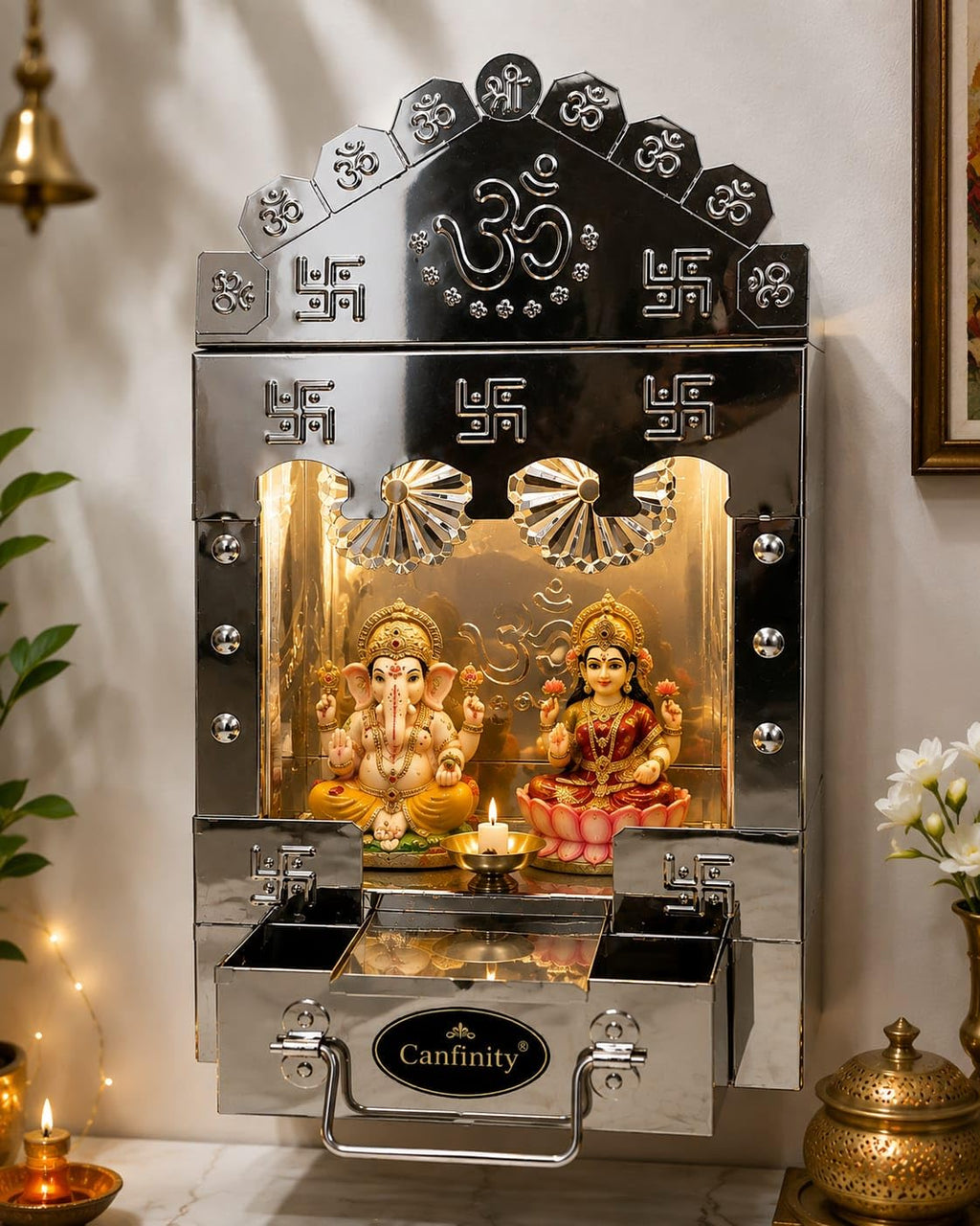 canfinity™ Premium Stainless Steel Pooja Mandir for Home with LED Light | Wall Mounted Home Temple | Hindu Puja Ghar Mandir for Home & Office | Compact Modern Design | 35 x 19 x 11 cm | Made in India