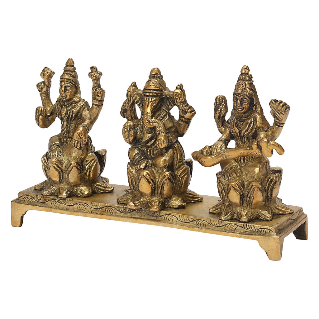 SVARUP Brass Lakshmi Ganesha Saraswati Sitting on Lotus Idol for Diwali Pooja Home Decor 5.5 Inch