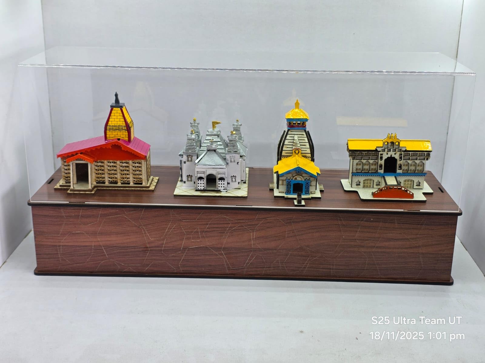 Wooden Chardham Mini Set Acrylic, Decorative Temple Model Collection with Display Case 18inch