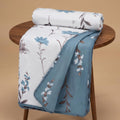 HUESLAND 100% Cotton Reversible Dohar Single Bed Cotton | Soft Cambric Weave, All Weather Light AC Blanket | 56 x 89 inches, Floral - White & Blue Kafalo