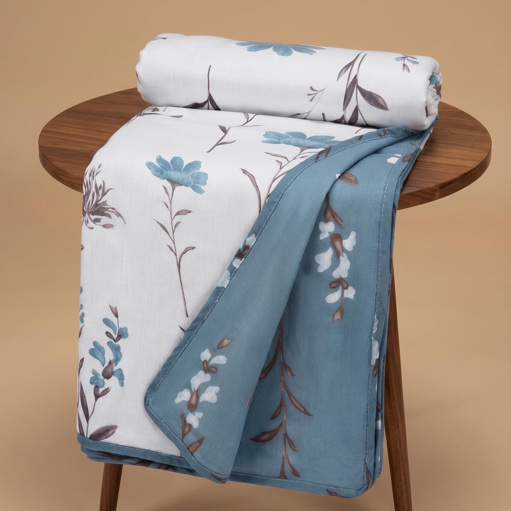HUESLAND 100% Cotton Reversible Dohar Single Bed Cotton | Soft Cambric Weave, All Weather Light AC Blanket | 56 x 89 inches, Floral - White & Blue Kafalo