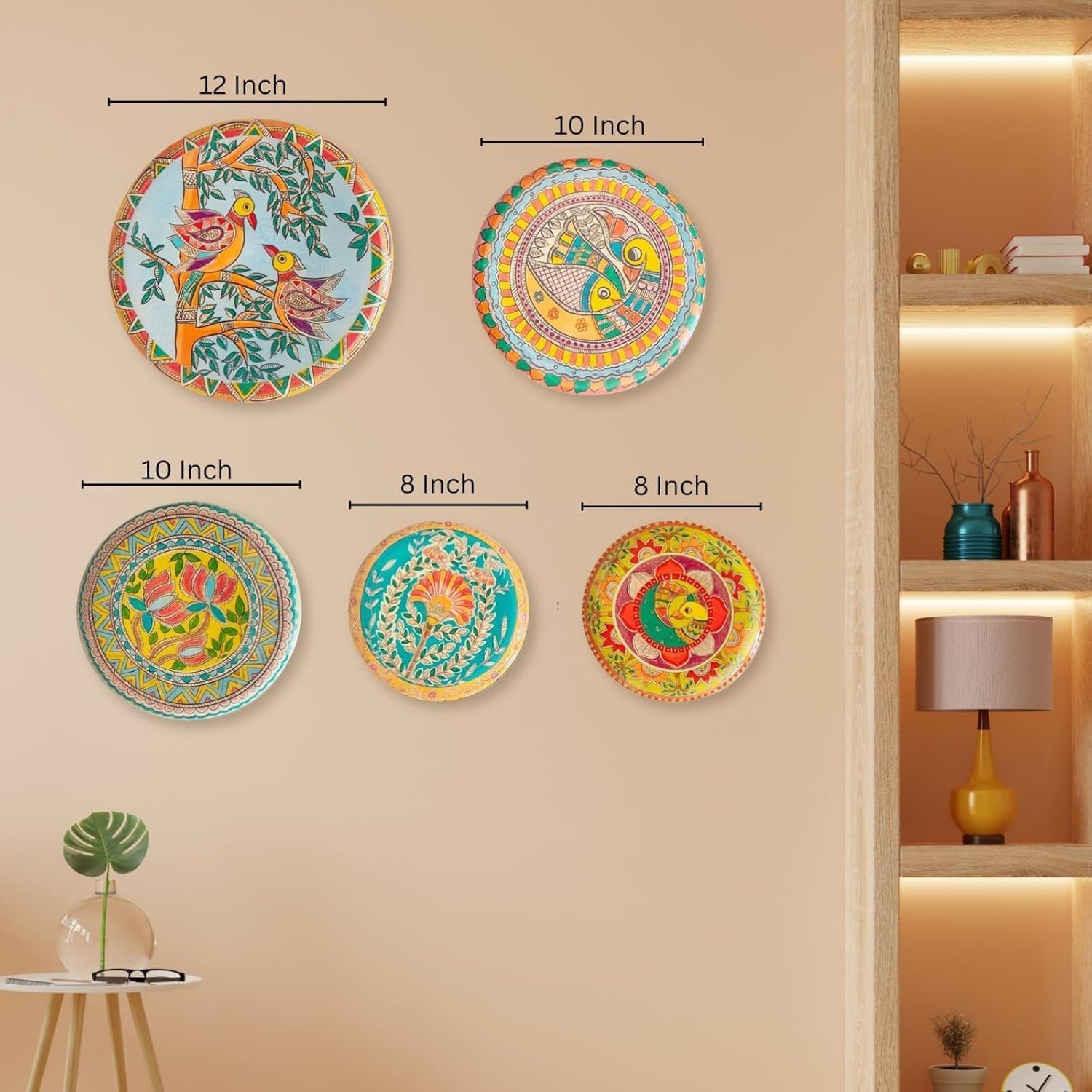 Madhubani Wall Plates Set of 5 | 12"+10"+8" Metal Wall Sculpture | Traditional Mithila Art for Living Room, Bedroom & Pooja Room | Ethnic Indian Wall Décor | Diwali Housewarming Gift kafalo