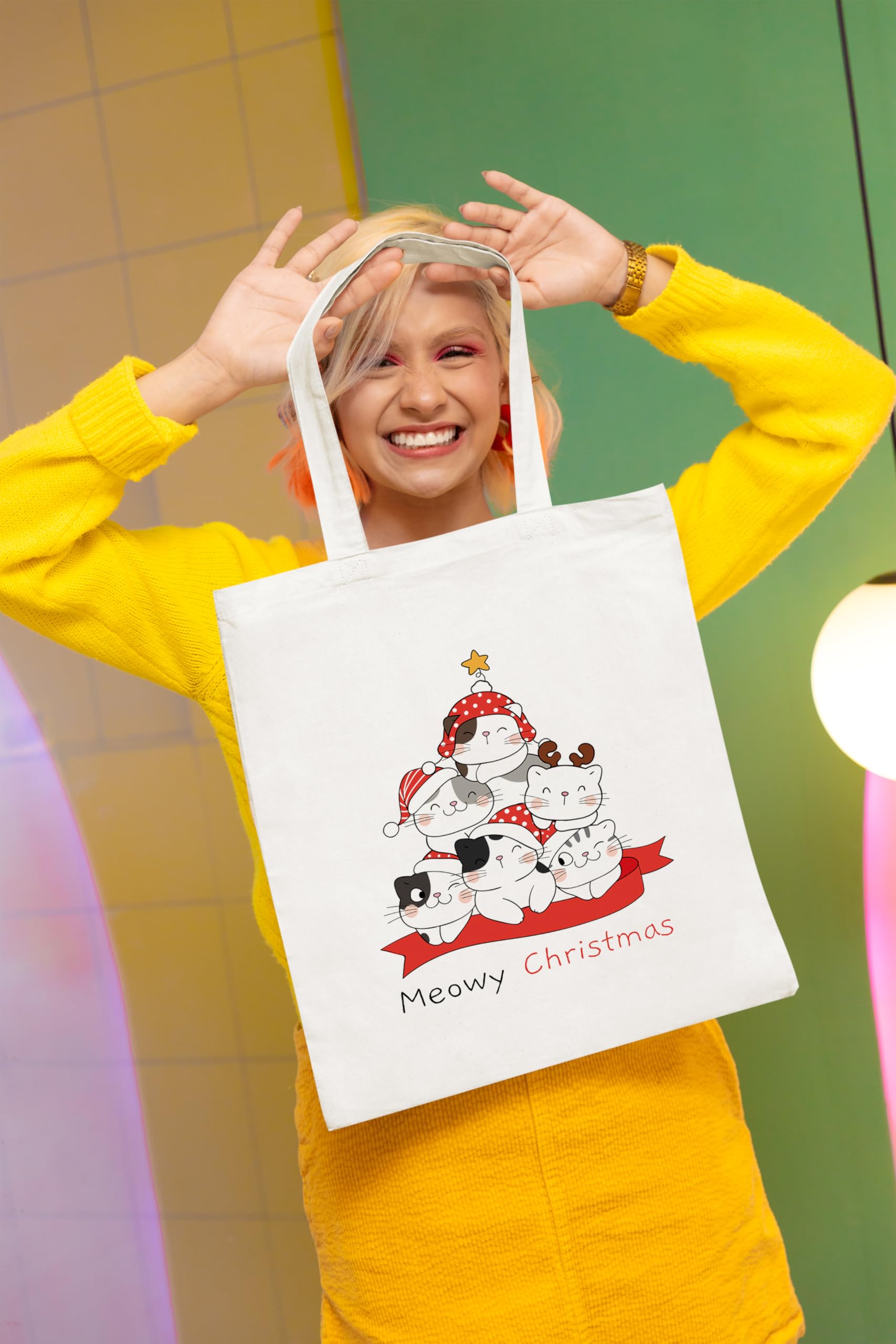 Happu-White Cotton Canvas Tote Bag with Zip | Happy Christmas Festive Print | Reusable, Washable & Eco-Friendly Multi-Purpose Tote for Women & Girls HPK-3443
